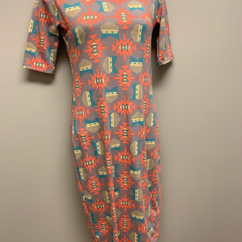 LuLaRoe XXS JULIA Dress Grey Turquoise Pink Aztec - Picture 3 of 6